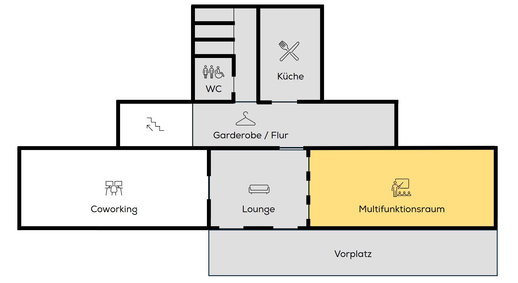 Grundriss der Orangerie in Hechingen mit Coworking-Flächen und mietbarem Veranstaltungsraum